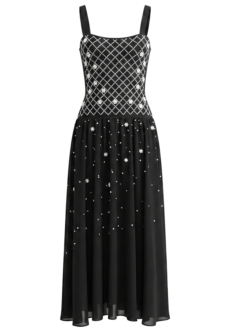 Crystal Embellished A Line Maxi Dress Black