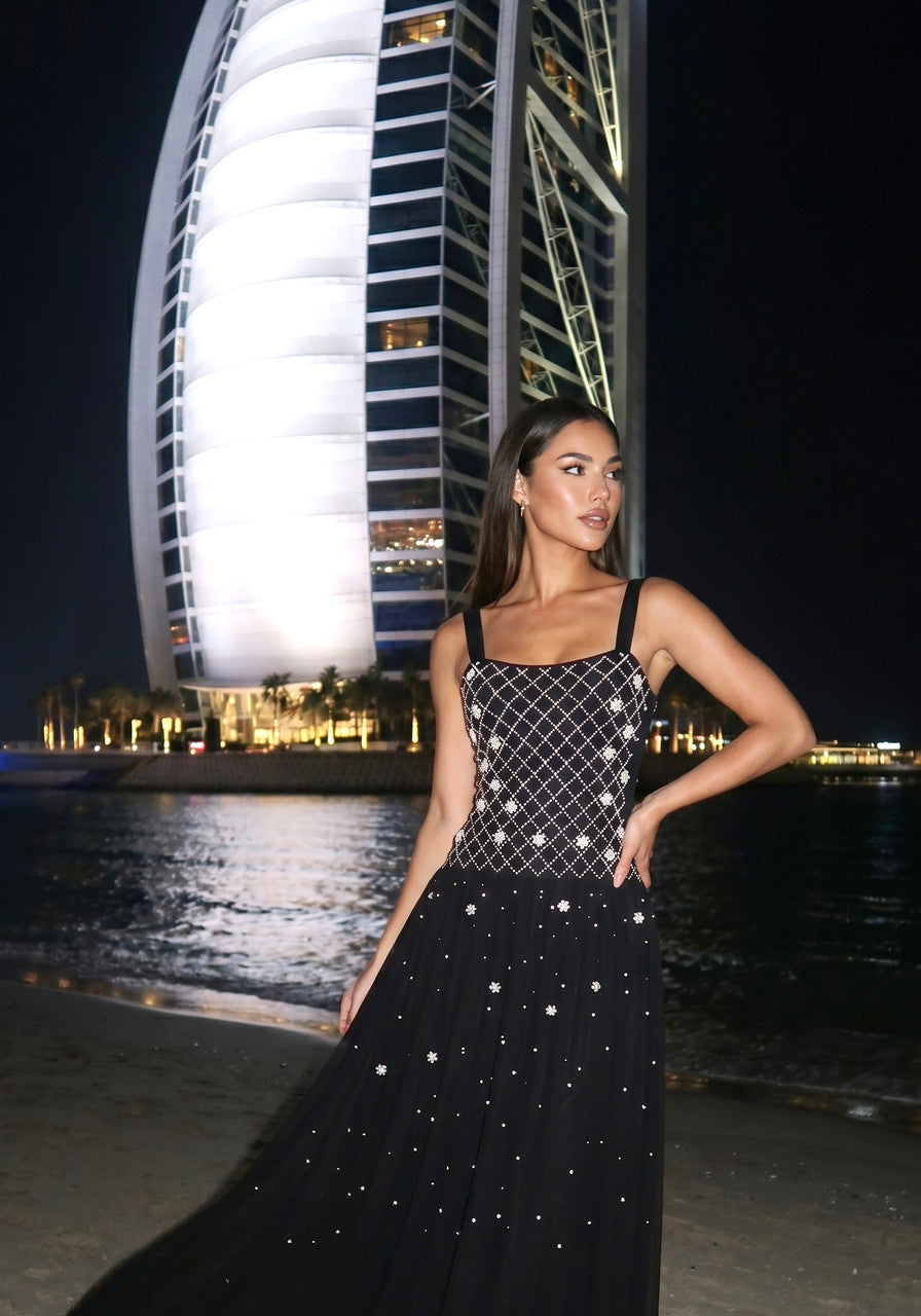 Crystal Embellished A Line Maxi Dress Black