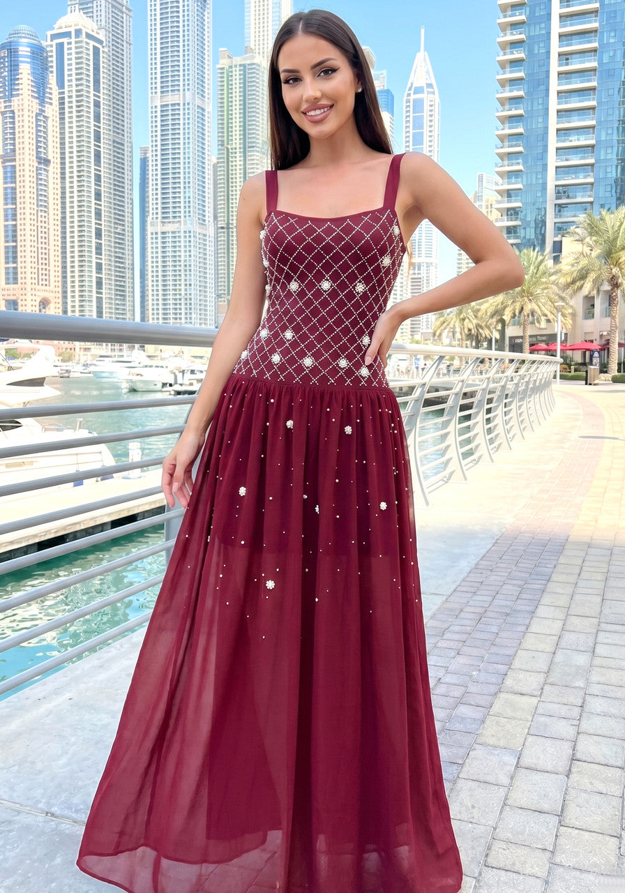 Crystal Embellished A Line Maxi Dress Dark Red