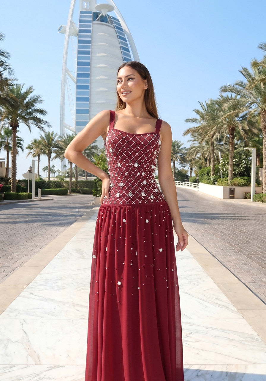 Crystal Embellished A Line Maxi Dress Dark Red