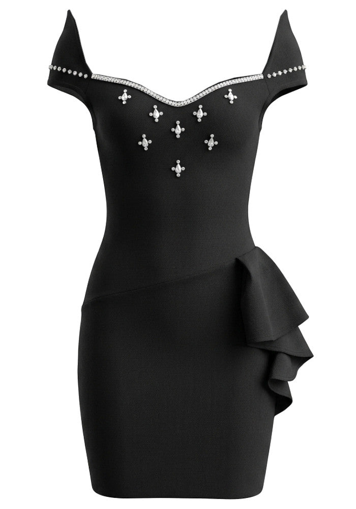 Crystal Bardot Ruffle Detail Dress Black