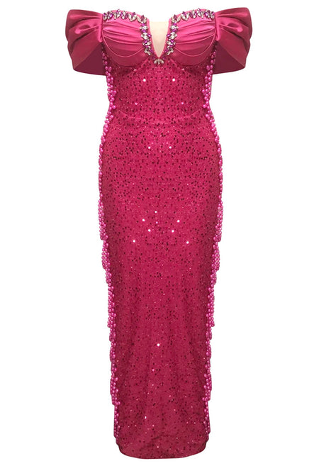Bardot Draped Bustier Embellished Maxi Dress Hot Pink