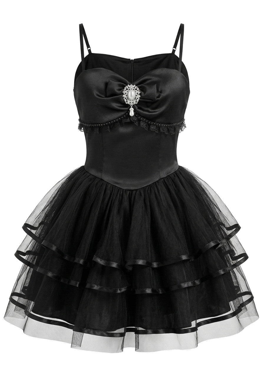 Crystal Detail Mesh Ruffle Dress Black