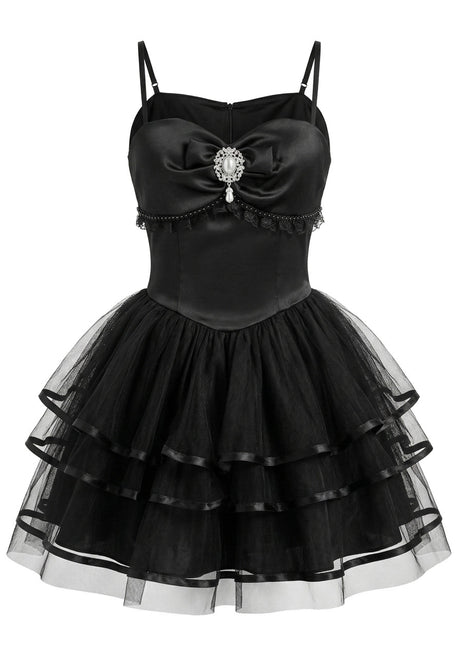 Crystal Detail Mesh Ruffle Dress Black