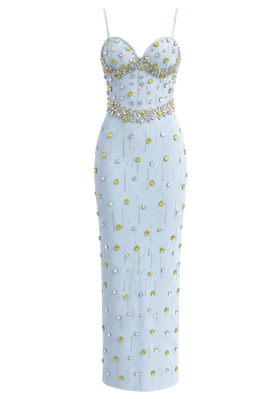 Crystal Embellished Bustier Maxi Dress Blue