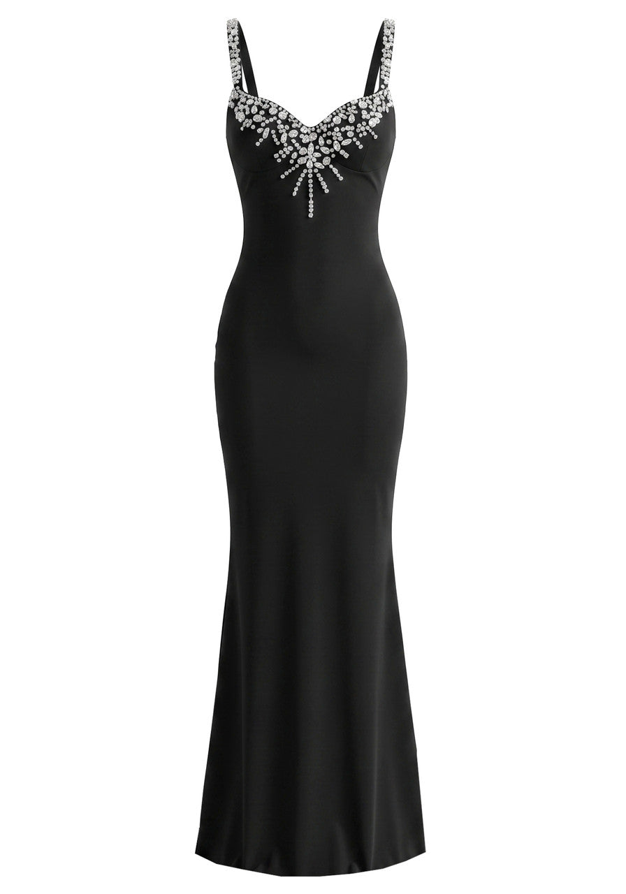 Crystal Embellished Front Maxi Dress Black