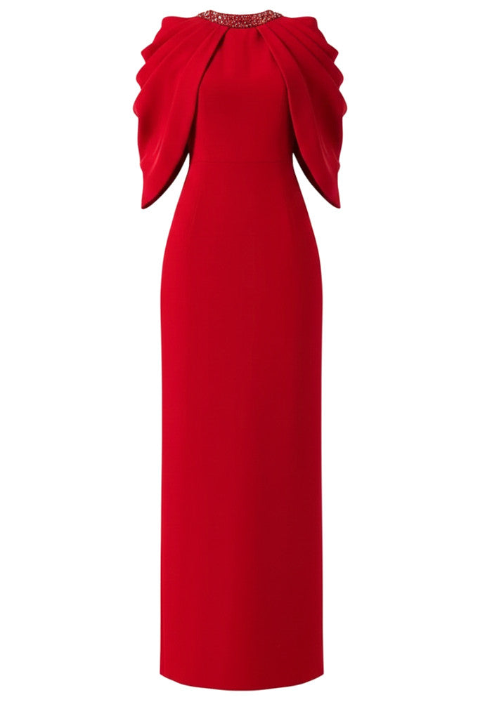 Crystal Neckline Draped Maxi Dress Red