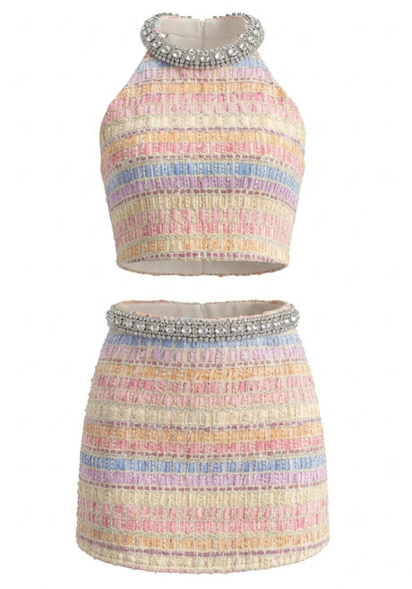 Crystal Neckline Two Piece Dress Rainbow