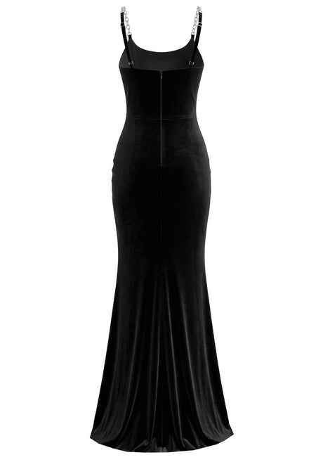 Crystal Straps Maxi Velvet Dress Black