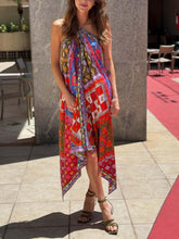 Unique Asymmetric Print Halter Neck Midi Dress