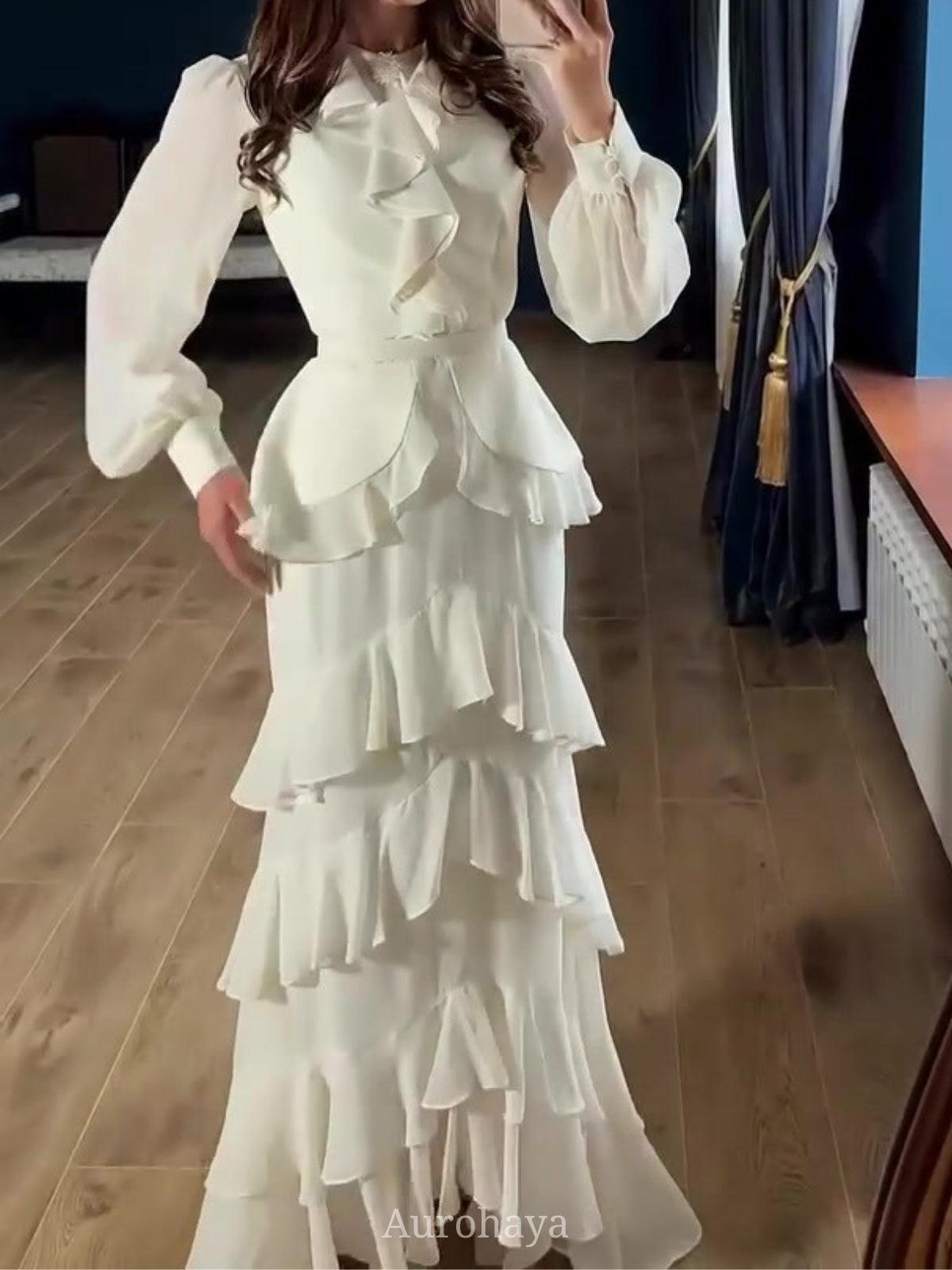 Aurohaya Round Neck Rhinestone Ruffled Chiffon Evening Dress, DES110