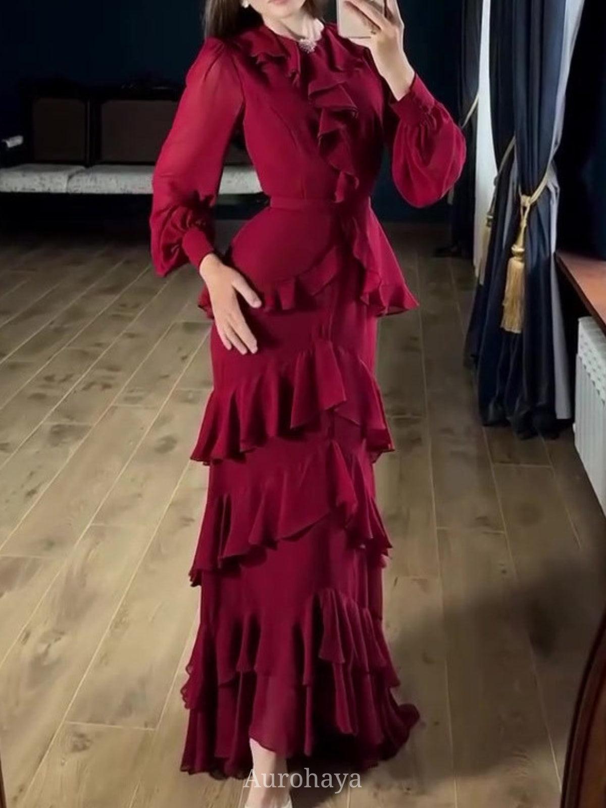 Aurohaya Round Neck Rhinestone Ruffled Chiffon Evening Dress, DES110