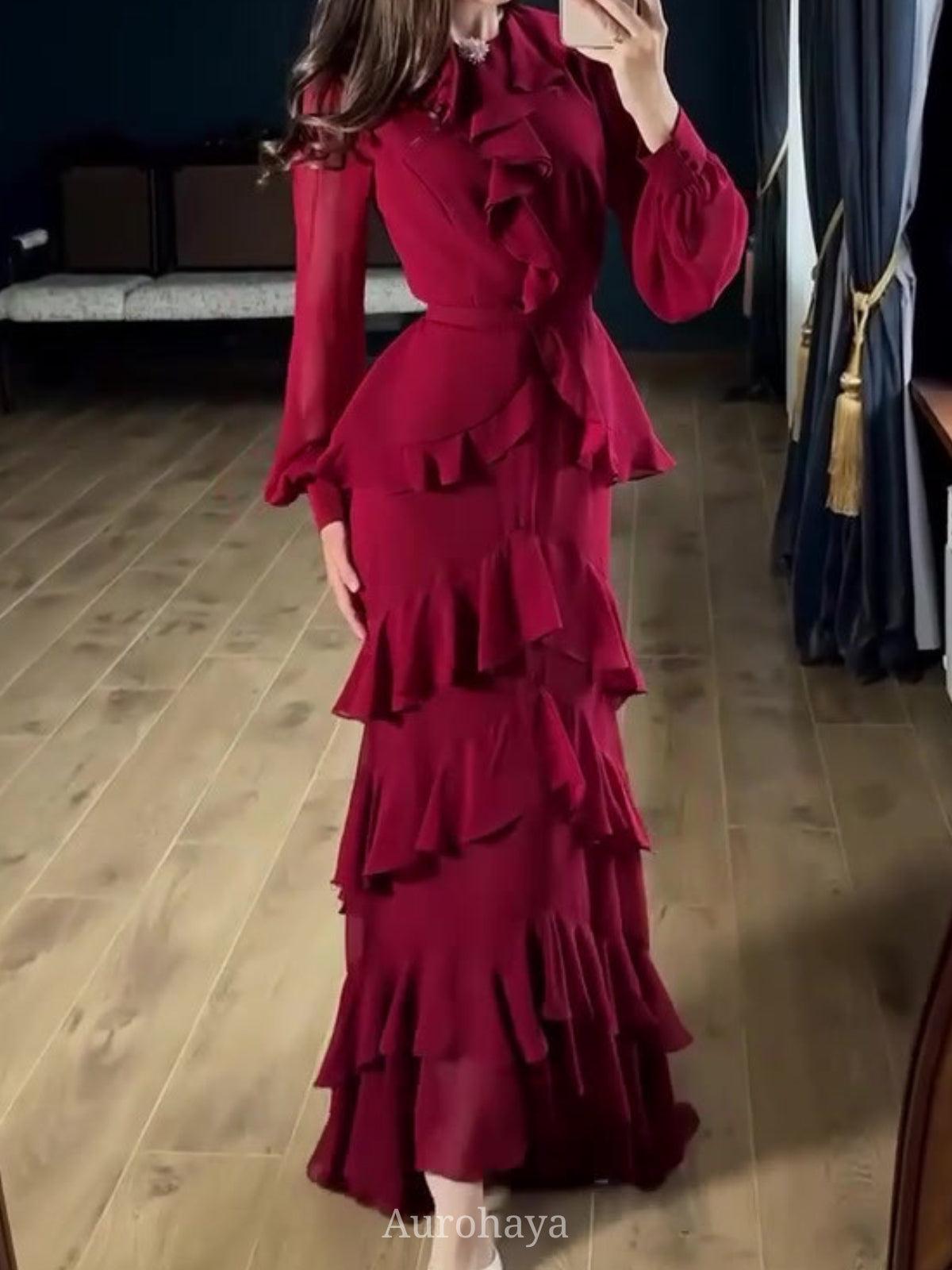 Aurohaya Round Neck Rhinestone Ruffled Chiffon Evening Dress, DES110 Wine