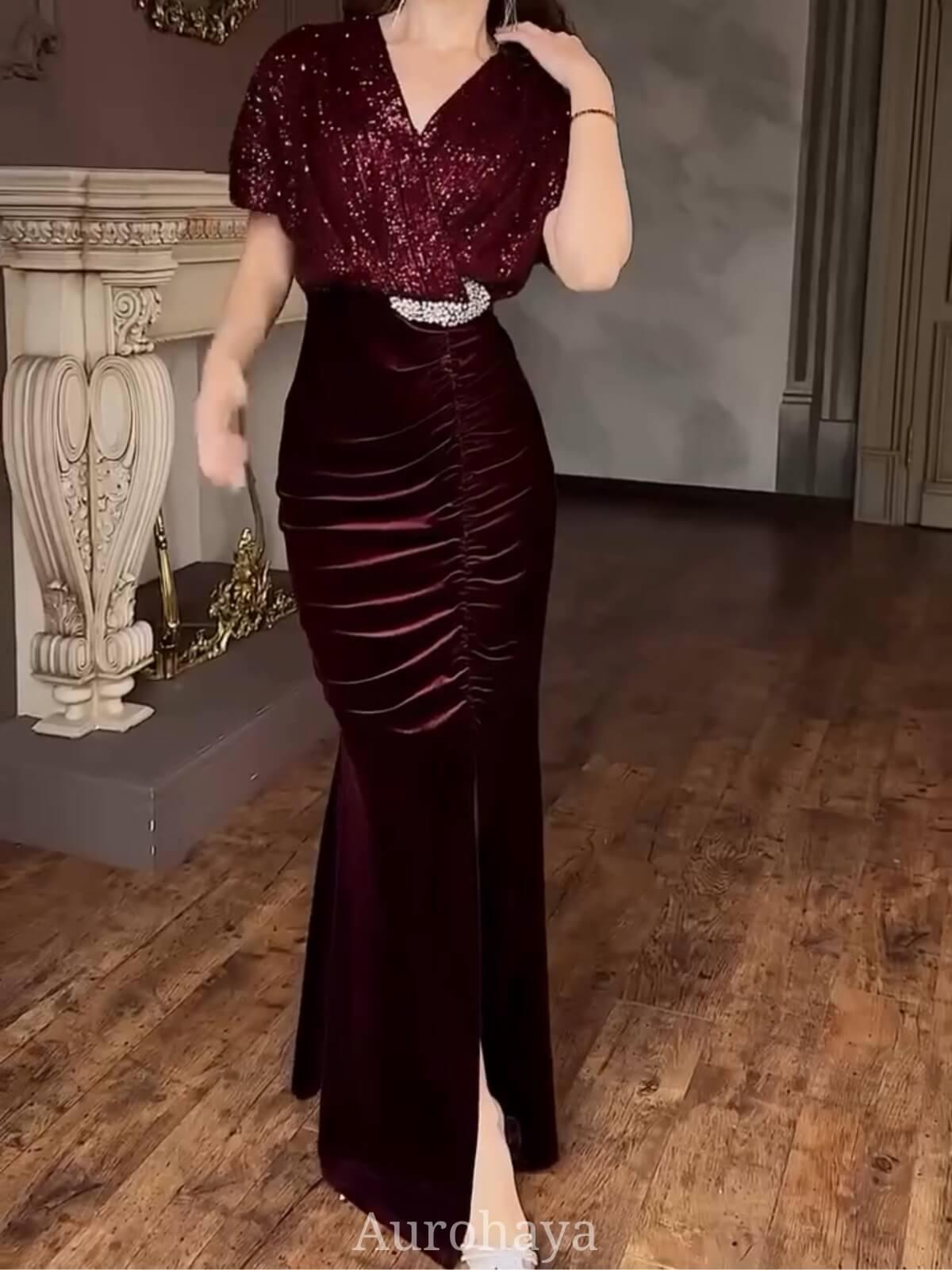 Aurohaya Sequin Wrap V-Neck Party Dress, DES120 Wine