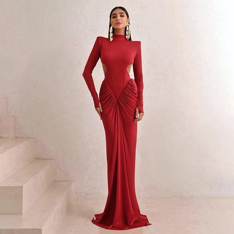 Aurohaya High Neck Backless Maxi Dress Long Solid-Color Evening Gown Red