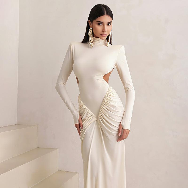 Aurohaya High Neck Backless Maxi Dress Long Solid-Color Evening Gown