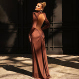 High Neck Backless Maxi Dress Long Solid-Color Evening Gown