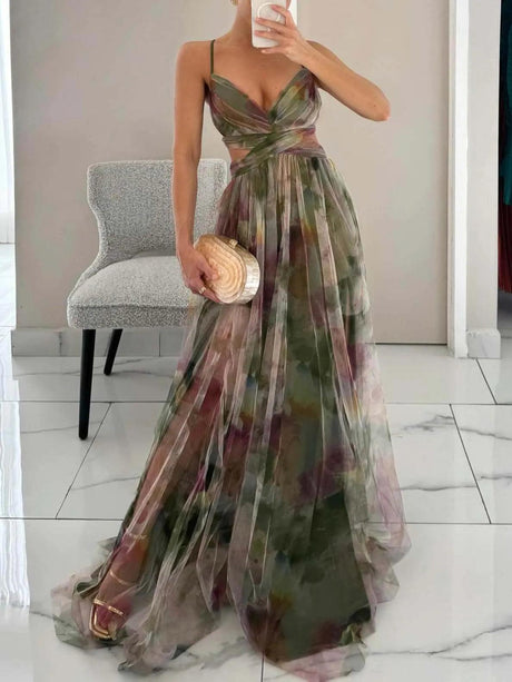 Aurohaya Elegant Painted Floral Print V-Neck A-Line Maxi Dress Green