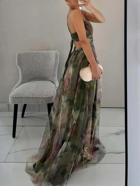 Aurohaya Elegant Painted Floral Print V-Neck A-Line Maxi Dress