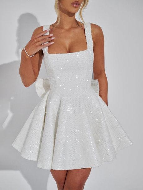 Aurohaya Elegant Square Neck A-Line Mini Dress White