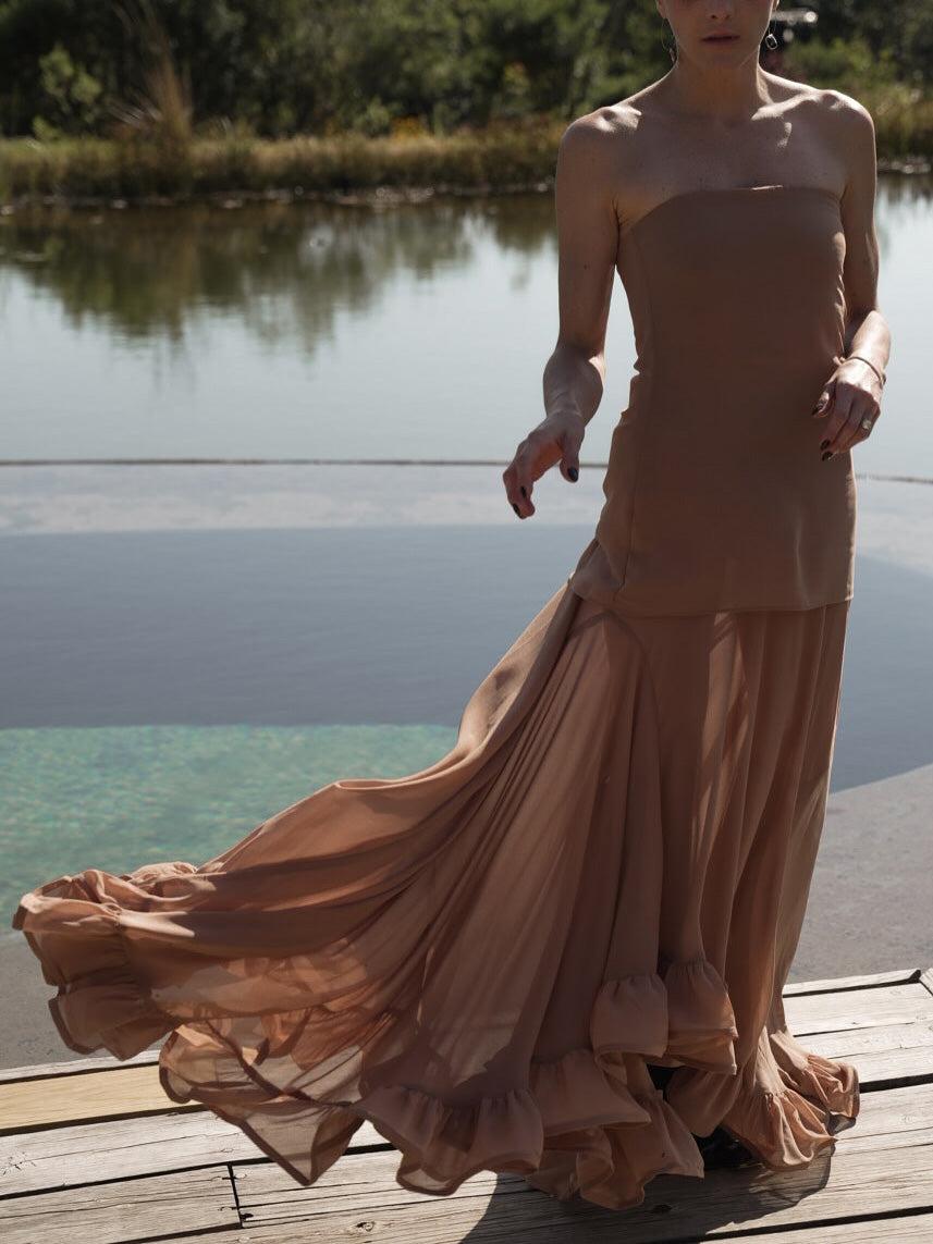 Aurohaya Elegant Fluffy Halter Ruffle Maxi Dress