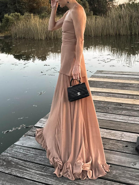 Aurohaya Elegant Fluffy Halter Ruffle Maxi Dress