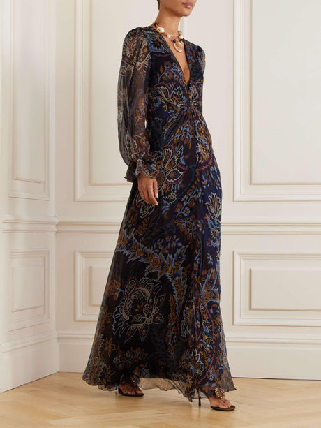 Aurohaya Elegant Pleated Gathered Floral Print Maxi Dress Black