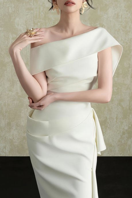 Aurohaya Ariane White Asymmetrical Gathered Midi Dress