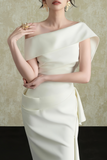 Ariane White Asymmetrical Gathered Midi Dress