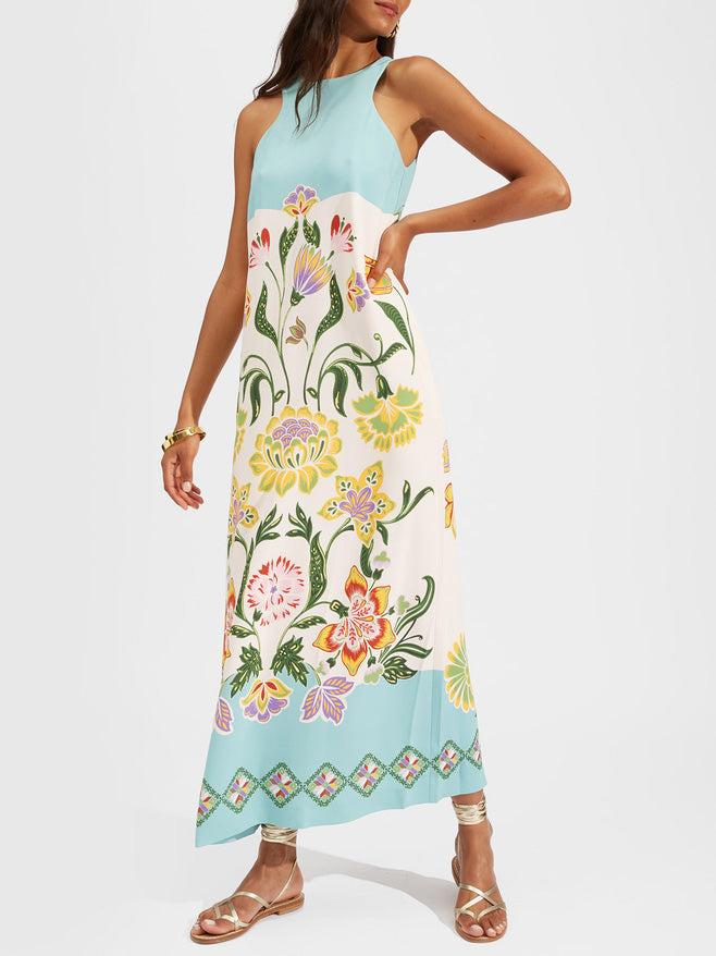 Aurohaya Exquisite Sunshine Floral Print Sleeveless Midi Dress