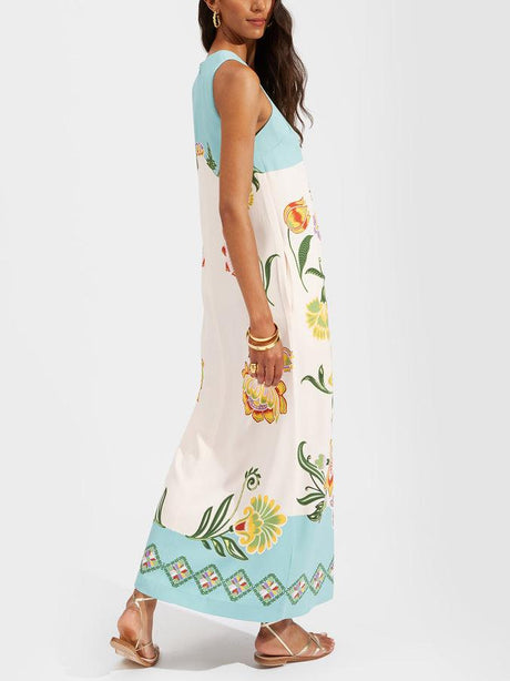 Aurohaya Exquisite Sunshine Floral Print Sleeveless Midi Dress