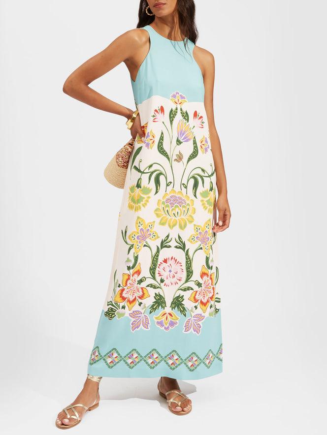 Aurohaya Exquisite Sunshine Floral Print Sleeveless Midi Dress Lake Green