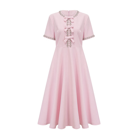 Aurohaya Cassi crystal-accented pink bow midi dress
