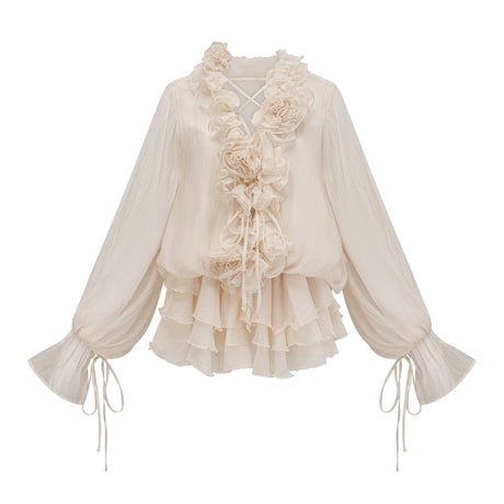 Aurohaya Zéphyrine floral-appliqué tiered mini dress in Neutrals