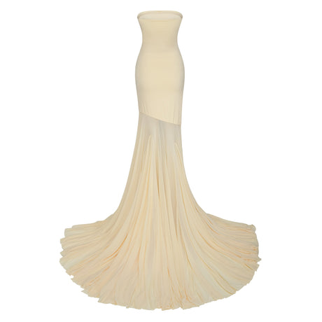 Aurohaya Josiane yellow off-shoulder sheer tulle maxi dress