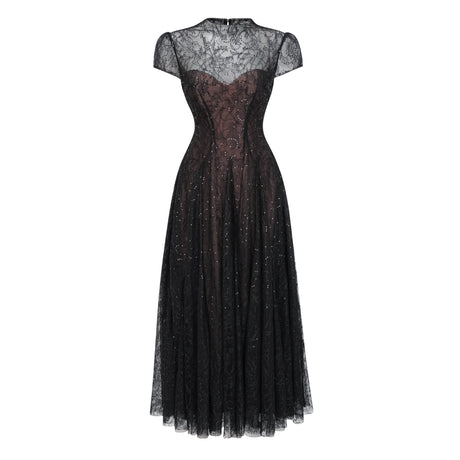 Aurohaya Velia Black Lace Glitter Tulle Maxi Gown