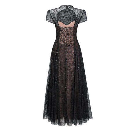 Aurohaya Velia Black Lace Glitter Tulle Maxi Gown