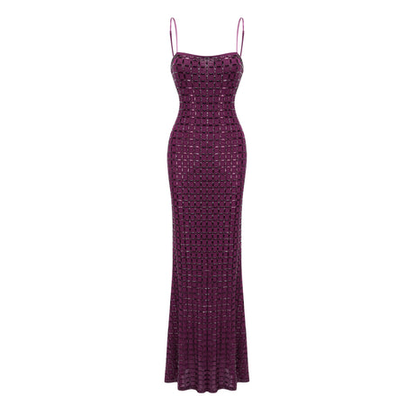 Aurohaya Térébenthine Purple Rhinestone Mesh Maxi Dress