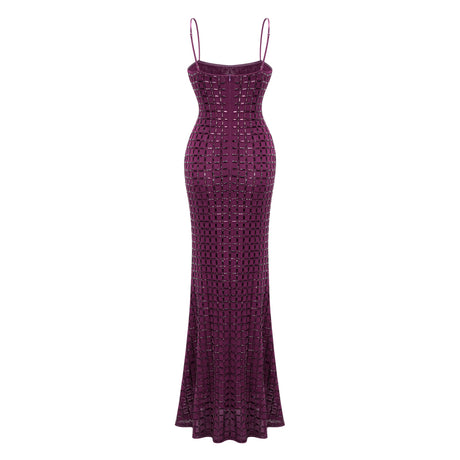 Aurohaya Térébenthine Purple Rhinestone Mesh Maxi Dress