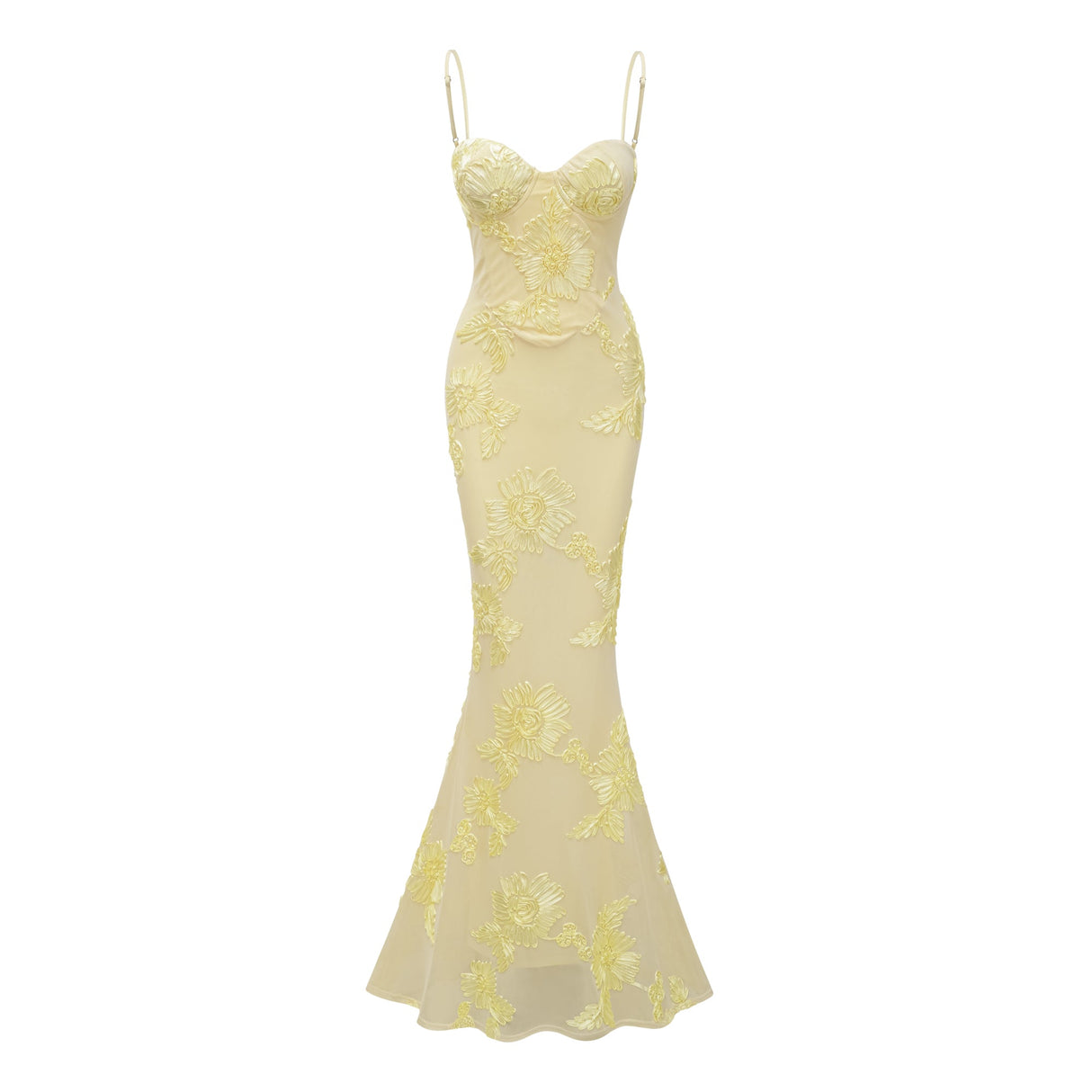 Aurohaya Théoline Yellow Floral Appliqué Corset Maxi Dress