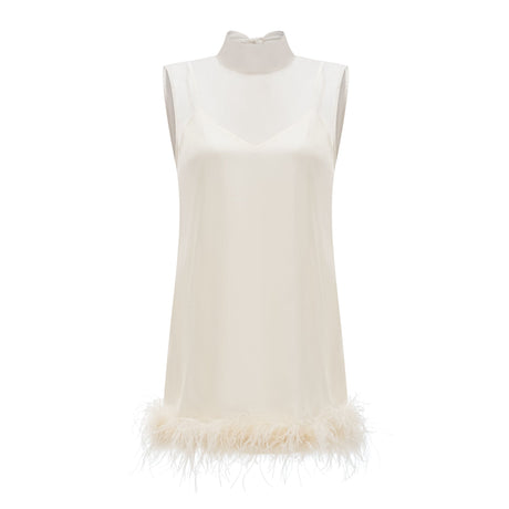 Aurohaya Adrienne White Feather Trim Mini Dress