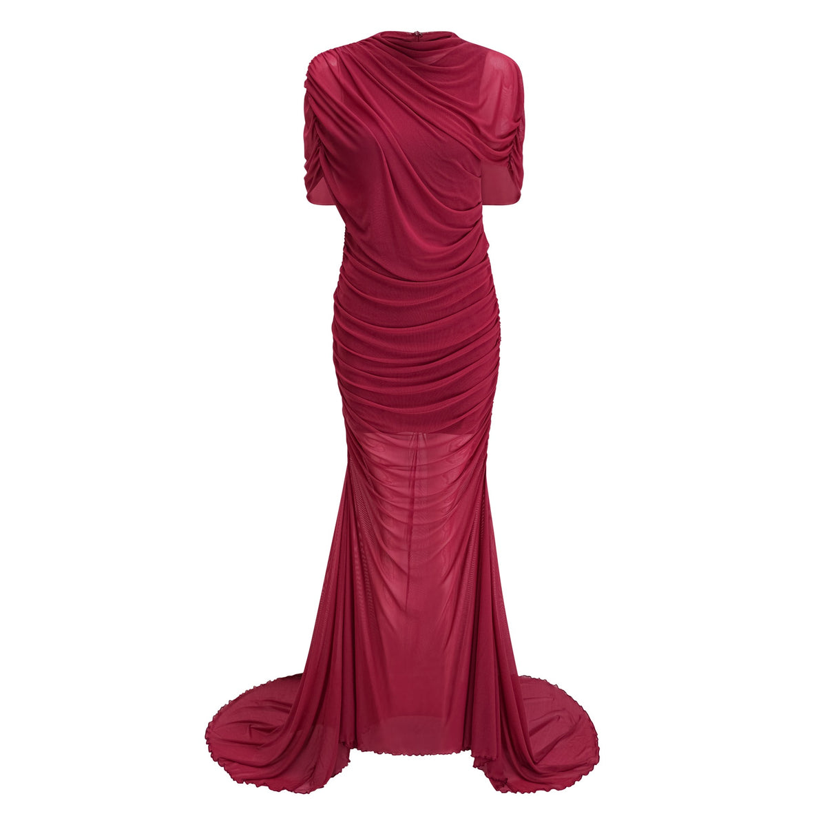 Aurohaya Sylphe Red Asymmetrical Ruched Mesh Maxi Dress