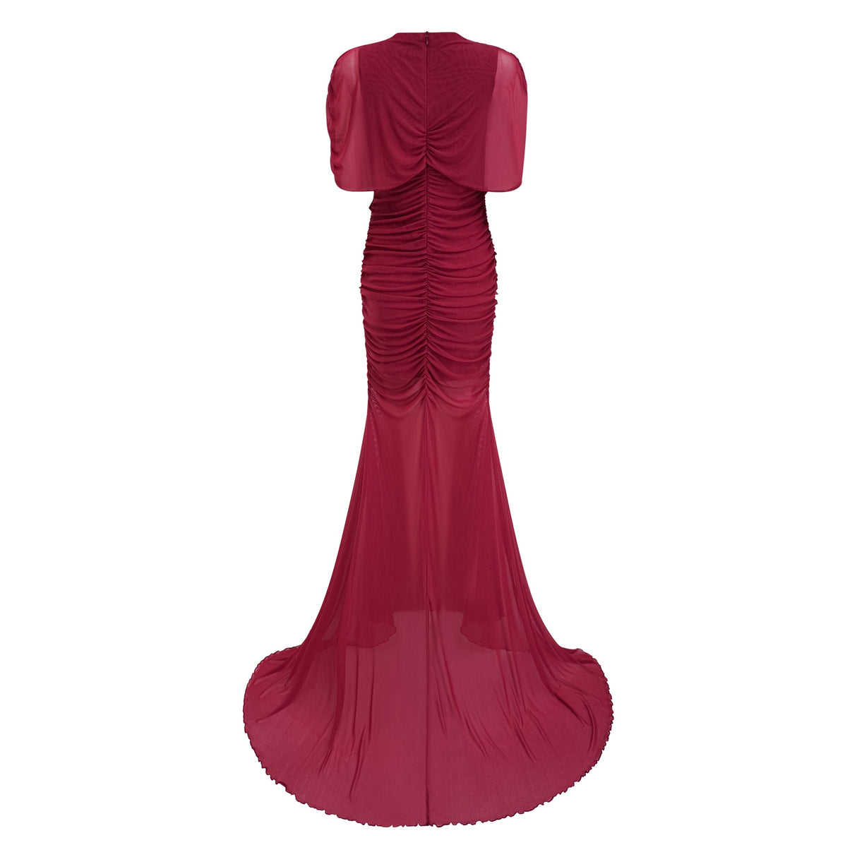 Aurohaya Sylphe Red Asymmetrical Ruched Mesh Maxi Dress