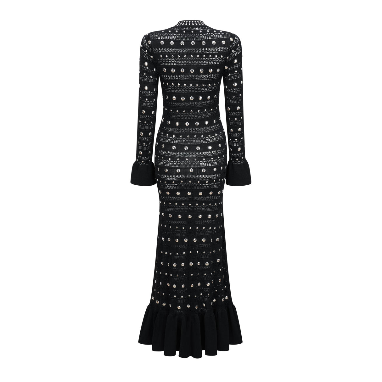 Aurohaya Chloé Black Long Sleeve Studded Crochet Knit Midi dress