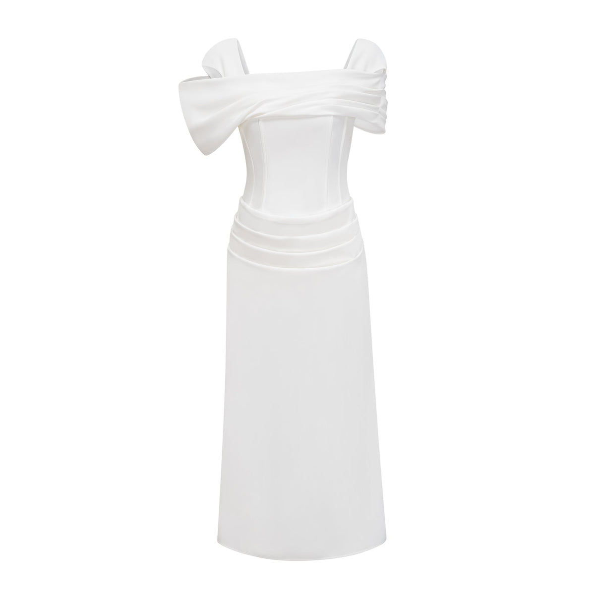Aurohaya Solara White Draped Midi Dress