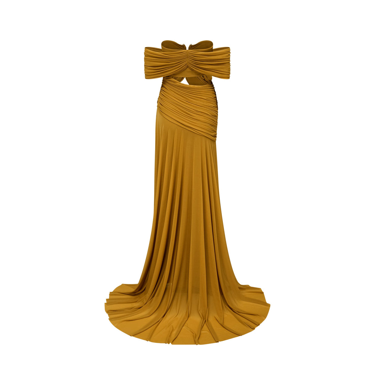 Aurohaya Ludivine ocher off-shoulder cut-out ruched maxi dress