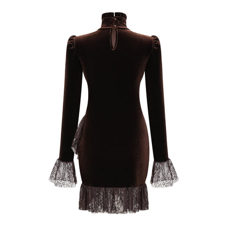 Aurohaya Alma Brown High Neck Asymmetrical Mini Dress