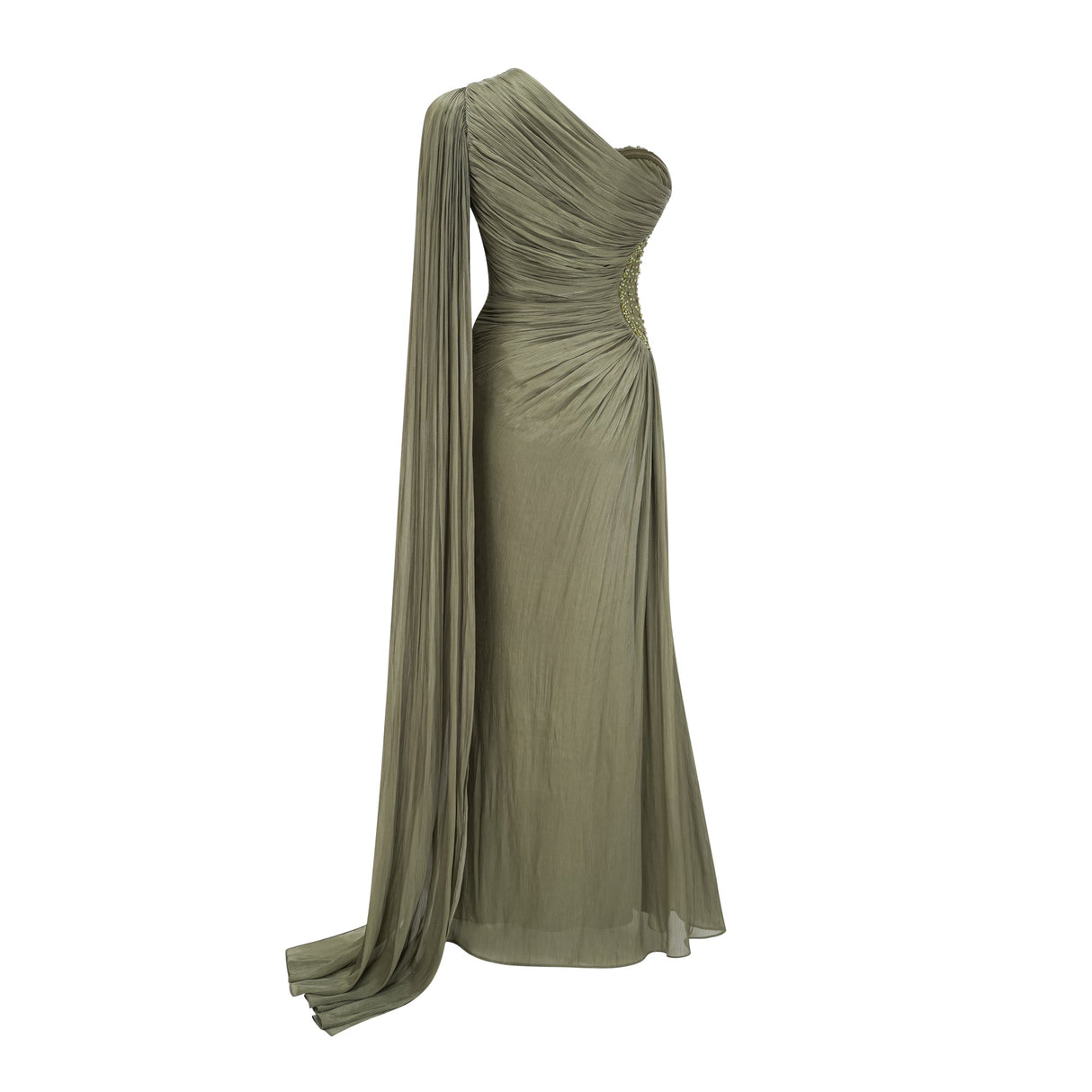 Aurohaya Katrin Green One Shoulder Ruched Maxi Dress