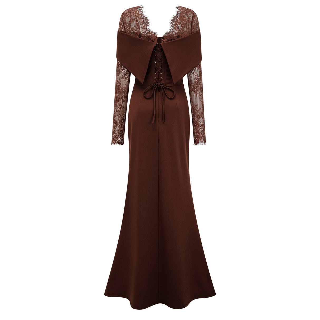 Aurohaya Georgiana Brown Lace Panel Flared Maxi Gown