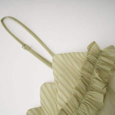 Aurohaya Matcha Ruffled Shirred Tulle Maxi Dress
